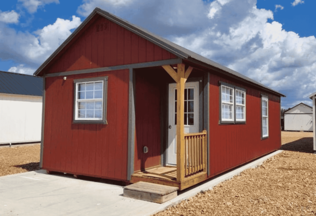 Exterior finished cabin red at RampUp Storage in Troy, TX