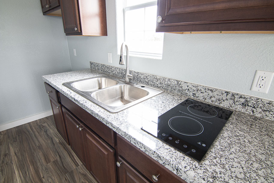 Kitchen of custom cabin for sale in Gatesville, TX at RampUp Storage