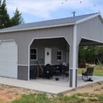 Deluxe utility combo building with roll up door and vertical roof in Texas