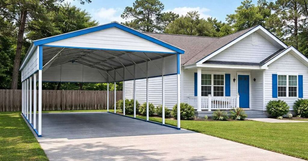 Two car portable metal carport for sale at RampUp Storage in Troy