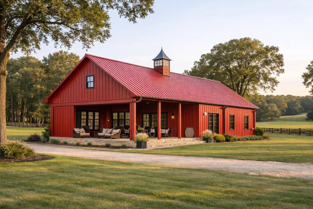 Red metal barndominium for sale at RampUp Storage in Troy, TX