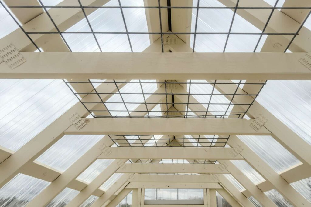 Greenhouse ceiling with wire racks at RampUp Storage