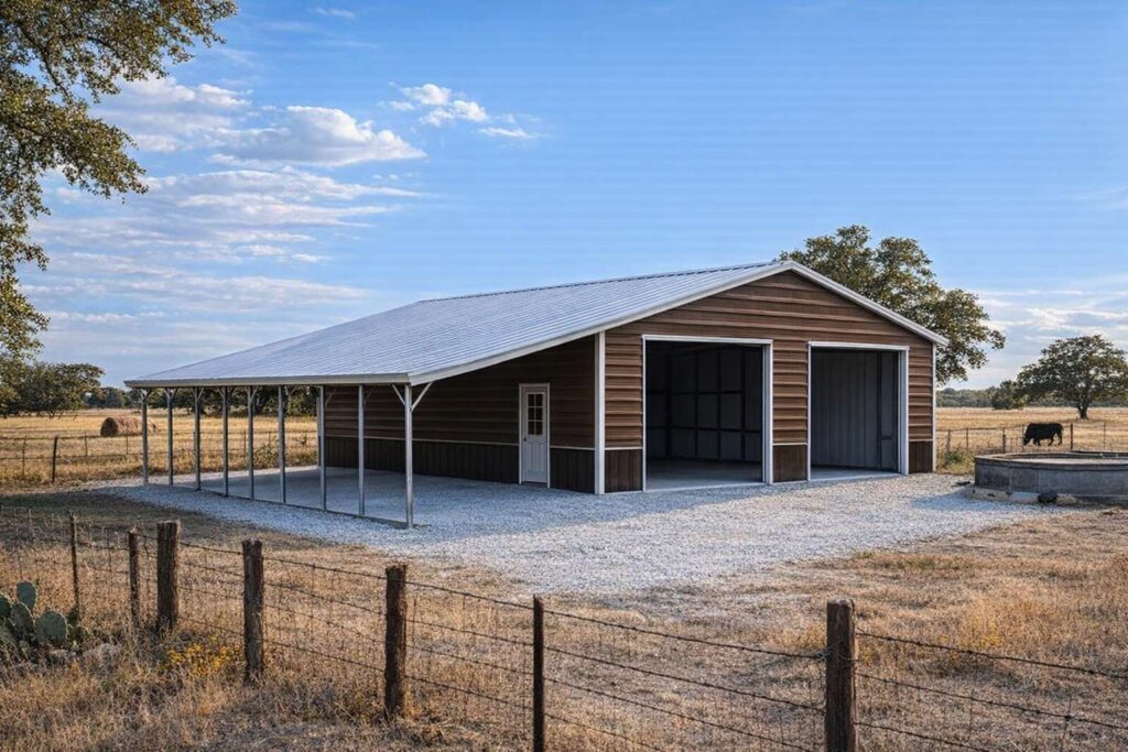 Metal barn house on Texas landscape