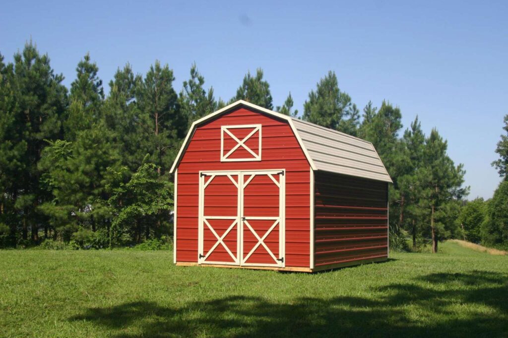 Red metal lofted barn for sale at RampUp Storage in Troy, TX