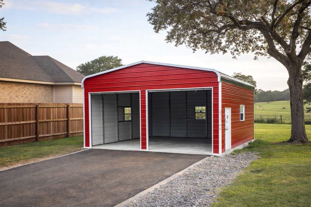 Red residential metal garage with white trim in Troy, TX