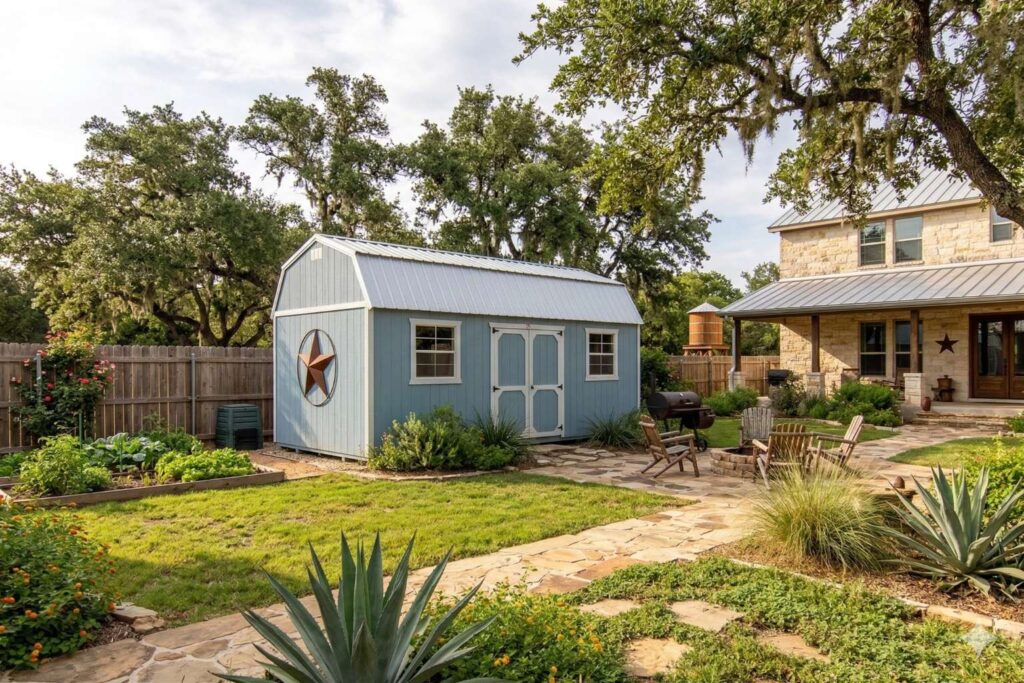 Blue side lofted barn in a Texas backyard at RampUp