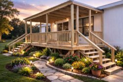 Large treated wood covered porch for mobile home in Texas