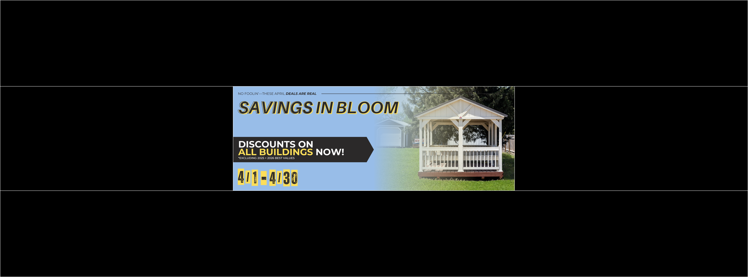 Backyard cabana announcing shed sale for Derksen